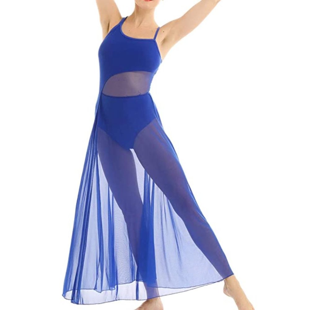Womens Spaghetti Strap Mesh Asymmetrical Lyrical Ballet Dance Dress NEW